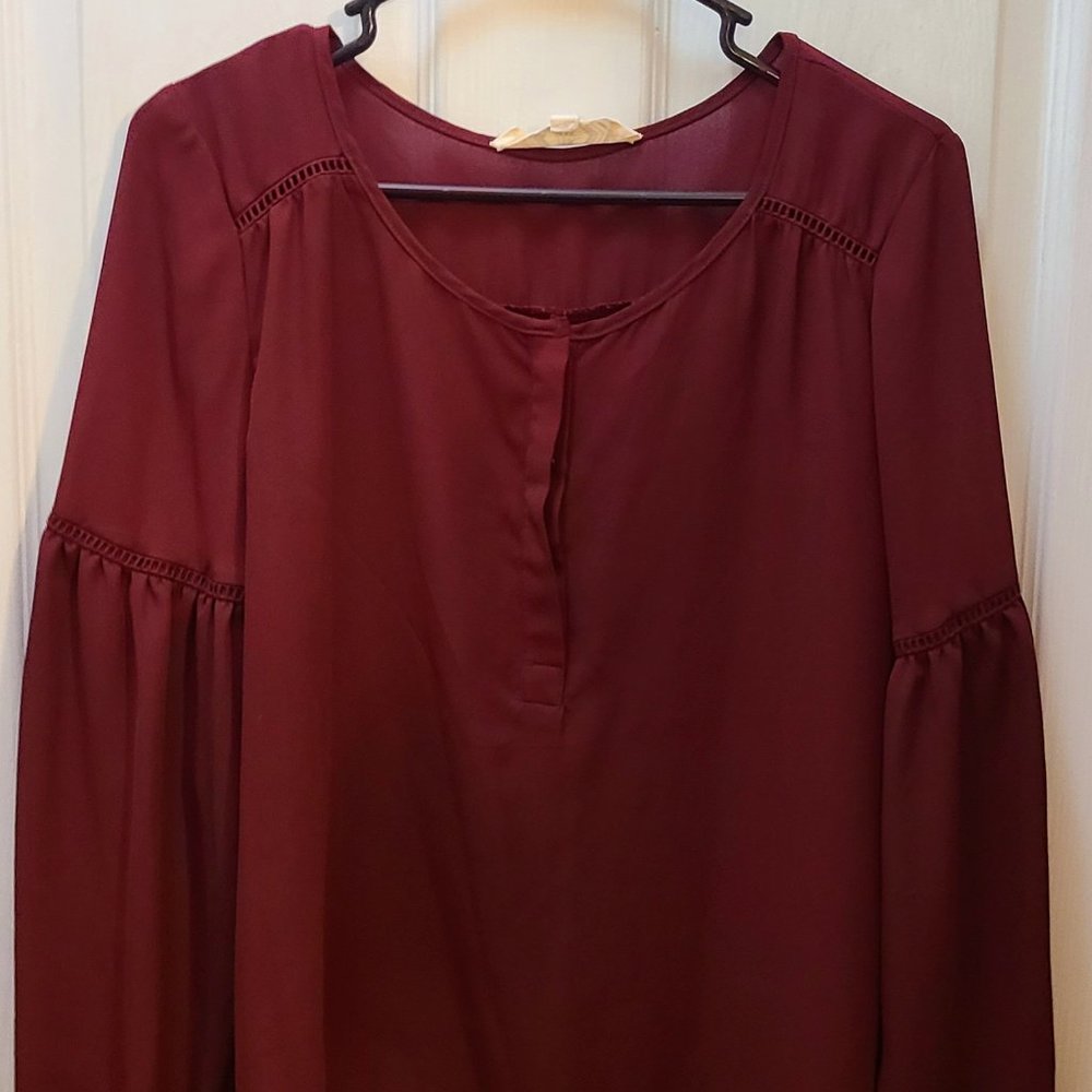 Pink Rose Maroon Sheer Flowy Long Sleeve Blouse Top Size Large